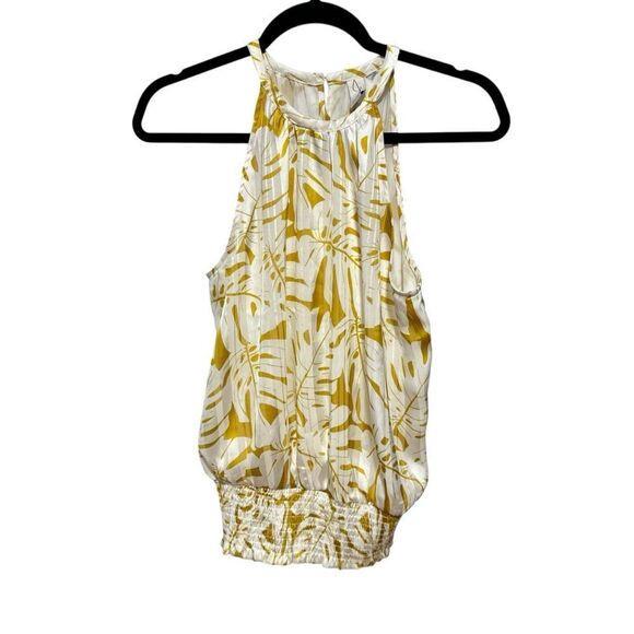 Joie Palm Leaf Print Smocked Waist Yellow and White Halter Top Blouse - Picture 5 of 9
